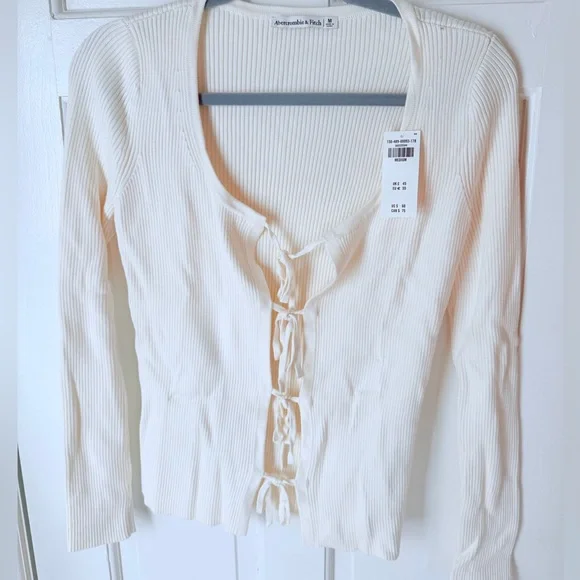 Abercrombie & Fitch Cream Ribbed Tie-Front Long Sleeve Cardigan - Picture 5 of 5